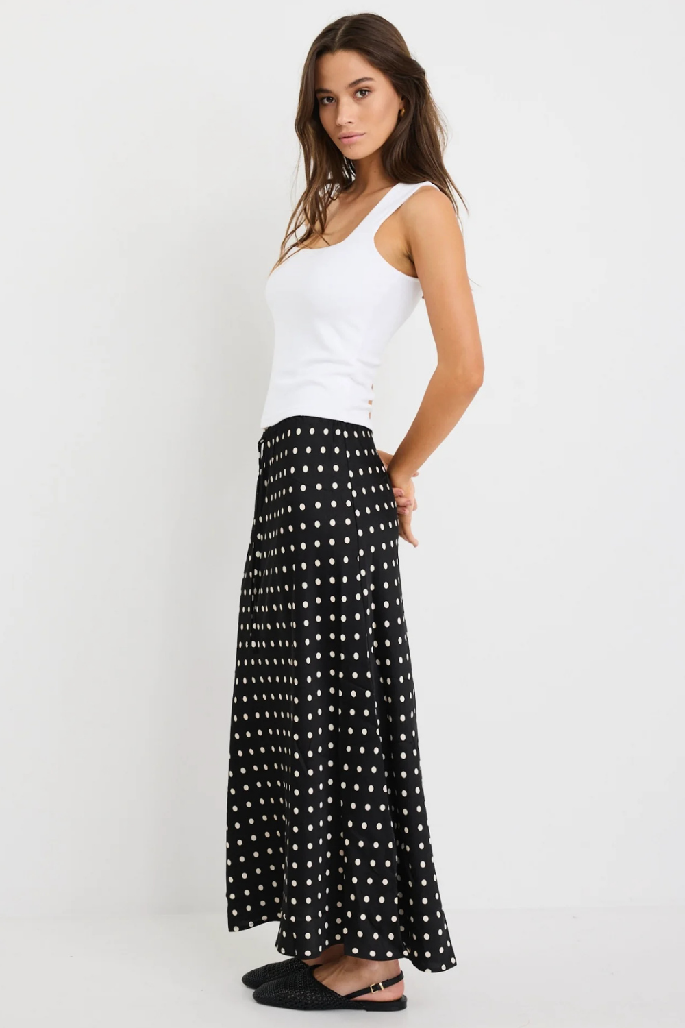 Rarity Black White Polka Dot Satin Tie Waist Bias Maxi Skirt