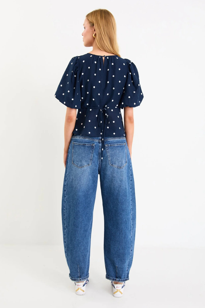 Finali Navy Polka Dot Bubble Sleeve Top