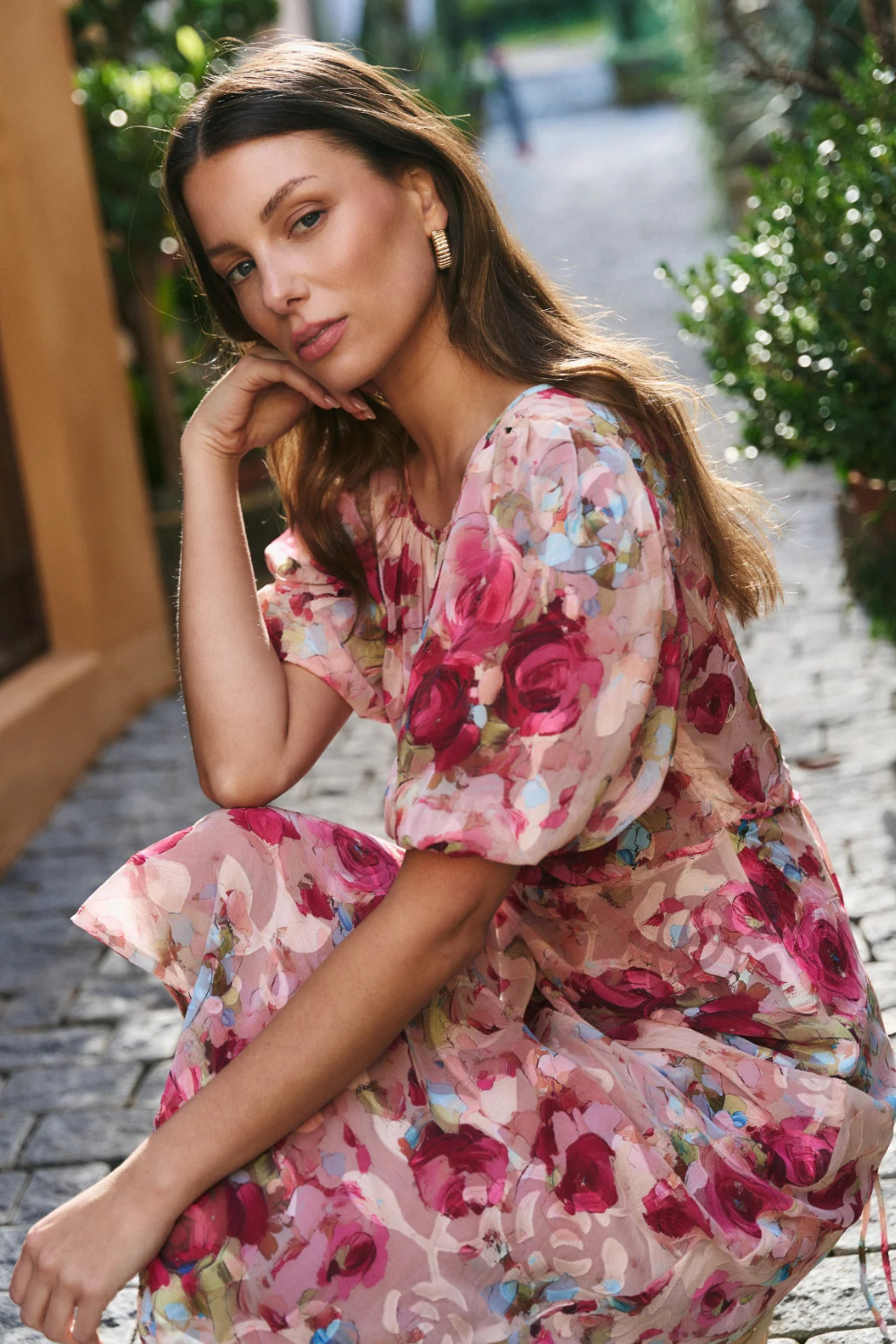Exquisite Painted Rose Puff Sleeve Midi Dress