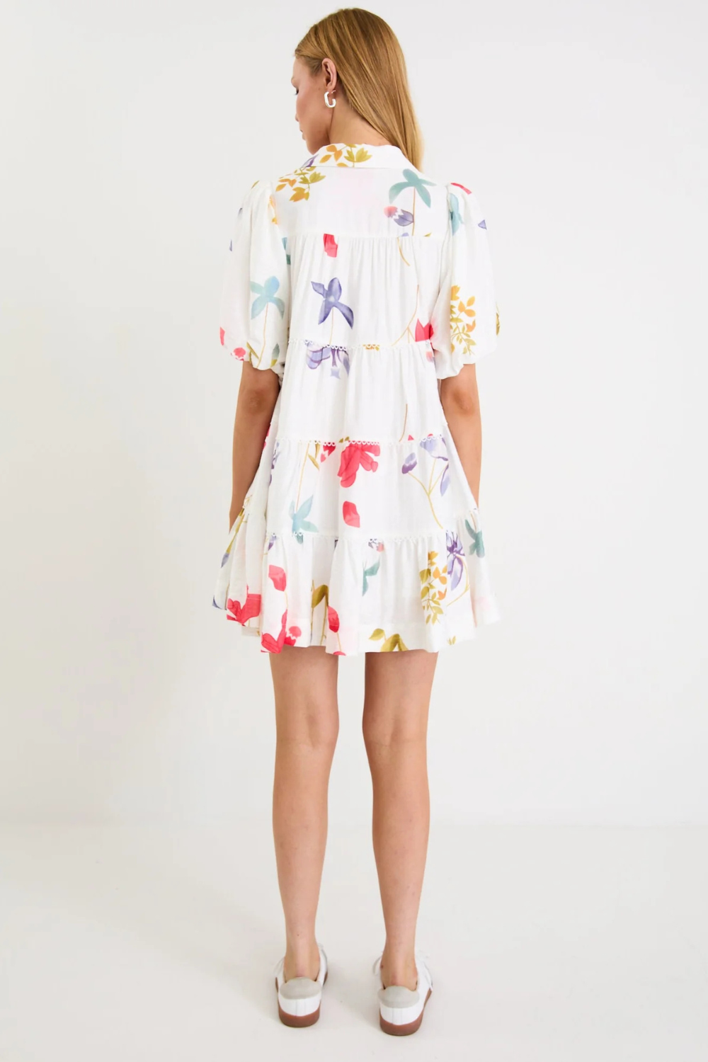 Dahlia Cream Poppy Floral Puff Sleeve Mini Tiered Shirt Dress