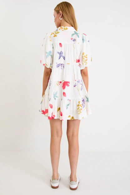 Dahlia Cream Poppy Floral Puff Sleeve Mini Tiered Shirt Dress
