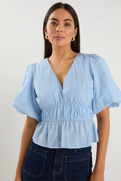 Vexing Ice Blue Puff Sleeve V Top