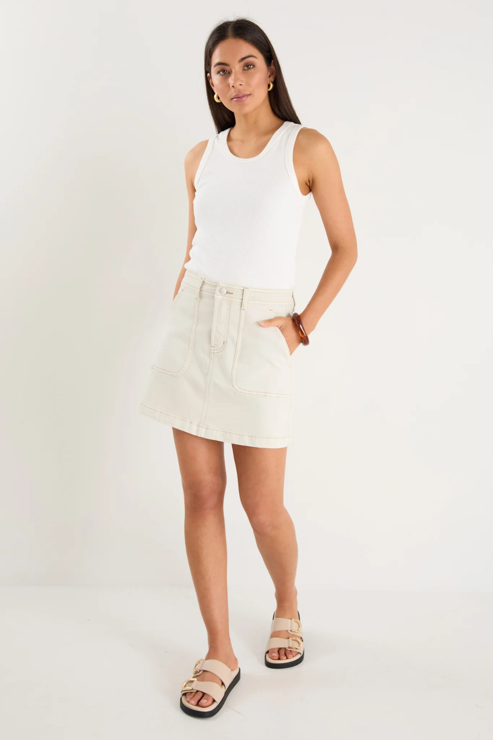 Orchard Ecru Denim Pocket Front Mini Skirt