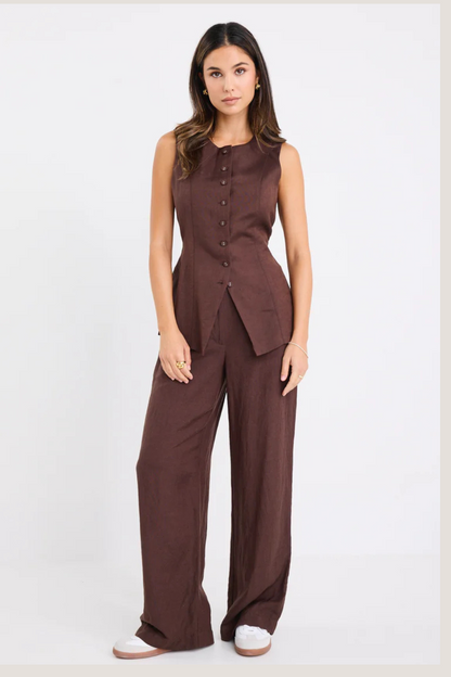 Shelter Chocolate Linen Viscose Flat Front Wide Pants