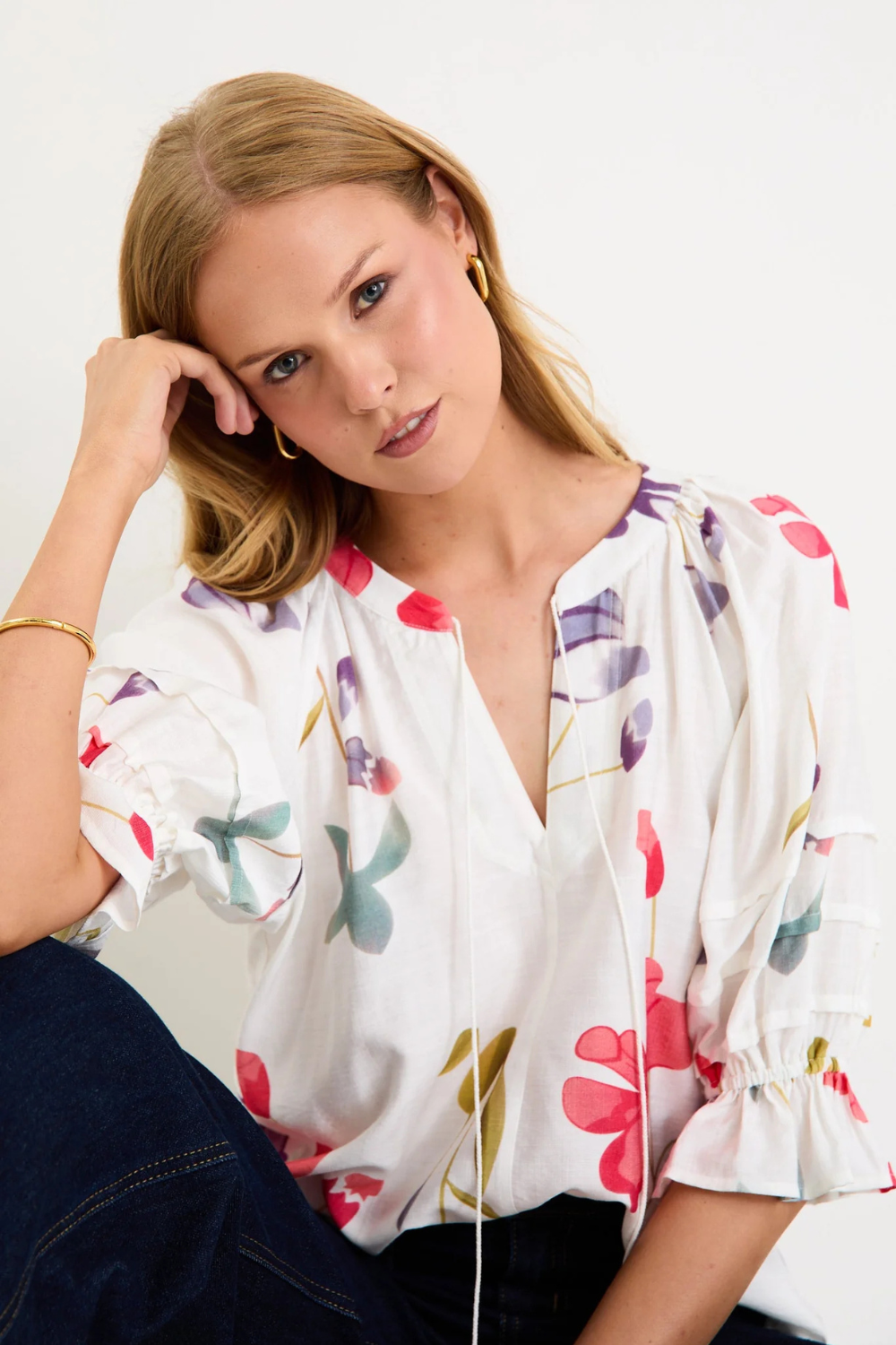 Cassia Cream Poppy Floral V Neck Short Pin Tuck Sleeve Mandarin Collar Top