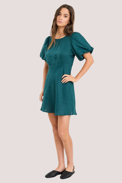Delphine Forest Linen Puff Sleeve Mini Dress