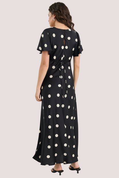 Chariot Black Polka Dot Bias Flutter Sleeve Maxi Dress