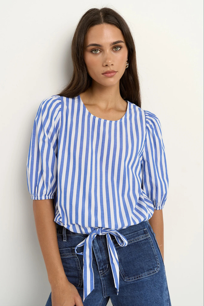 Cameron Bright Blue Stripe Tie Front SS Top