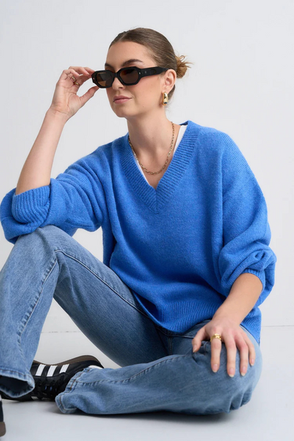 Harvest Azure Blue V Neck Knit Jumper