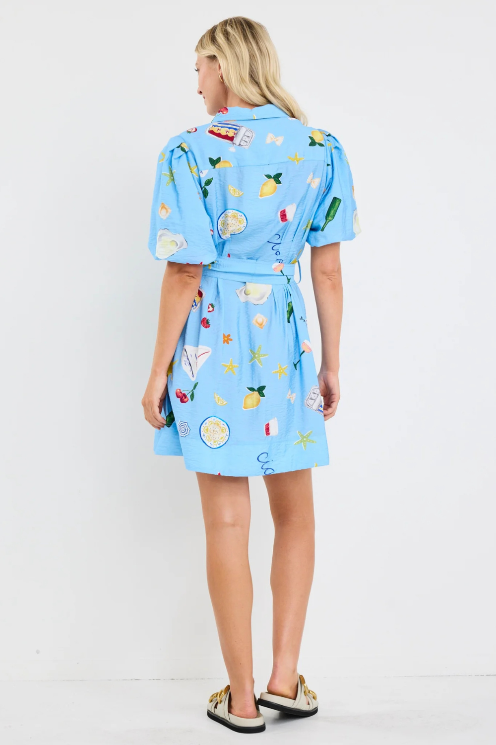 Sundown Blue Holiday Puff Short Sleeve Mini Shirt Dress