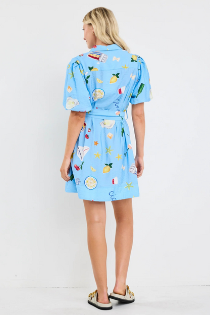 Sundown Blue Holiday Puff Short Sleeve Mini Shirt Dress