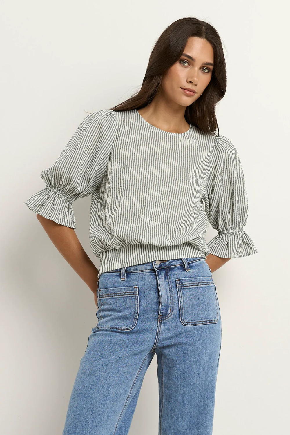 Lovely Khaki Stripe Shirred Back SS Top