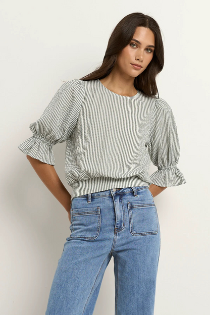 Lovely Khaki Stripe Shirred Back SS Top