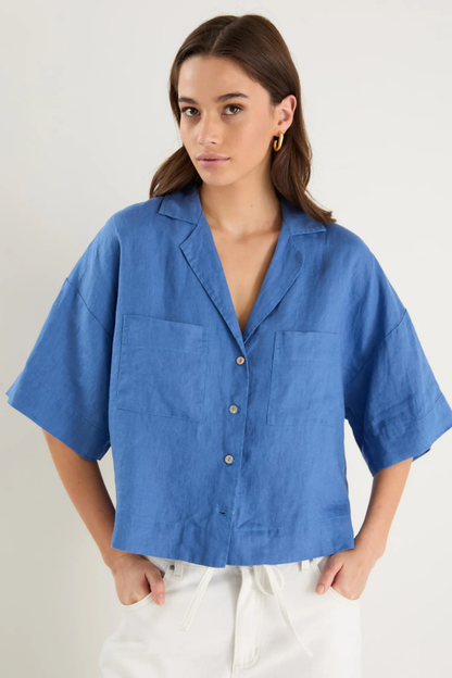 Meander Cornflower Blue Linen Boxy SS Shirt