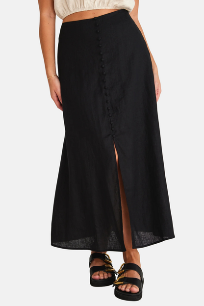 Mercy Black Linen Button Front Aline Skirt