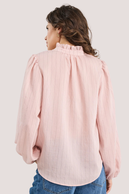 Premise Blush Stripe High Neck Buttoned LS Top