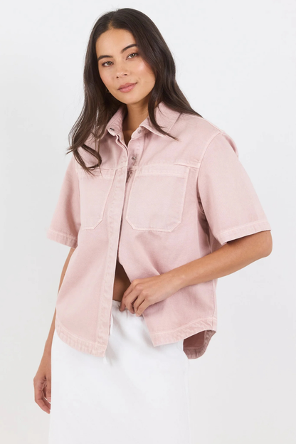 Crucial Pale Pink Denim Short Sleeve Shacket