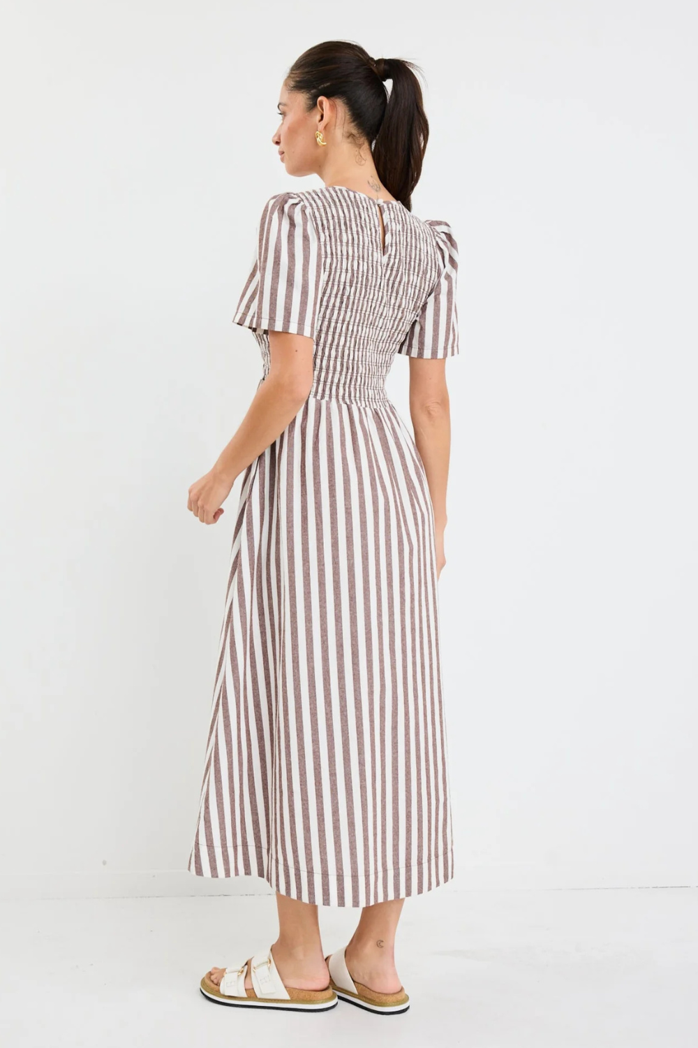 Wren Chocolate Stripe Cotton SS Shirred Bodice Midi Dress
