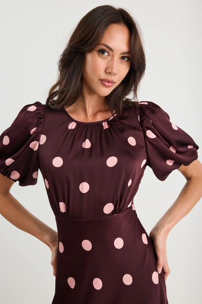 Stage Plum Polka Dot Puff Sleeve Satin Floaty Maxi Dress