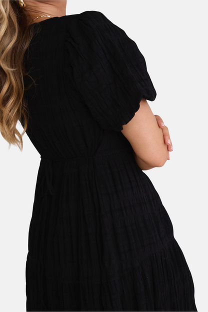 Graceful Black Shirred Cotton Bubble Sleeve Tiered Maxi Dress