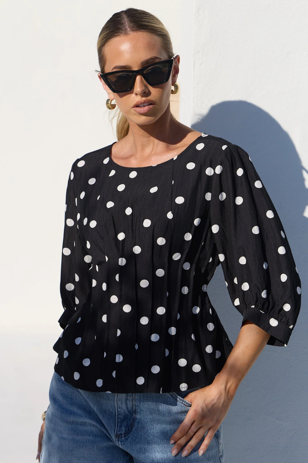 Theatrical Black Polka Dot Pintuck Shaped SS Top
