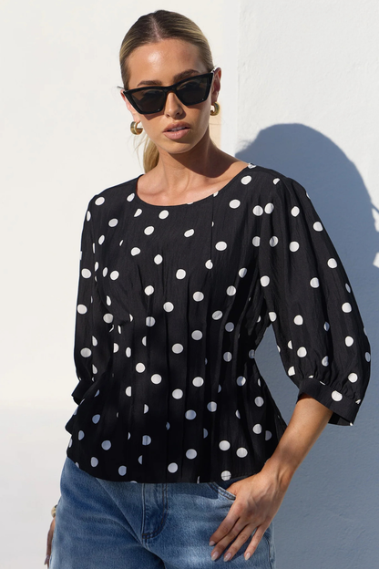 Theatrical Black Polka Dot Pintuck Shaped SS Top