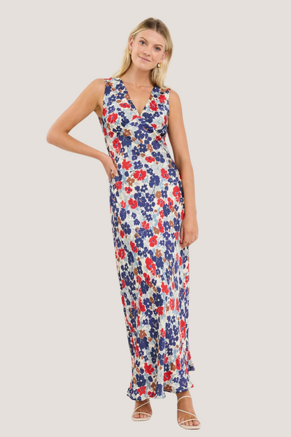 Aston Blue Red Poppy Satin Bias Flared Maxi Dress