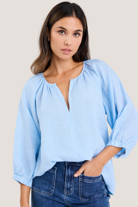 Revolutionary Sky Blue Stripe Linen Relaxed LS Top
