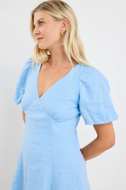 Adelaide Sky Blue Linen Puff Sleeve Paneled Mini Dress