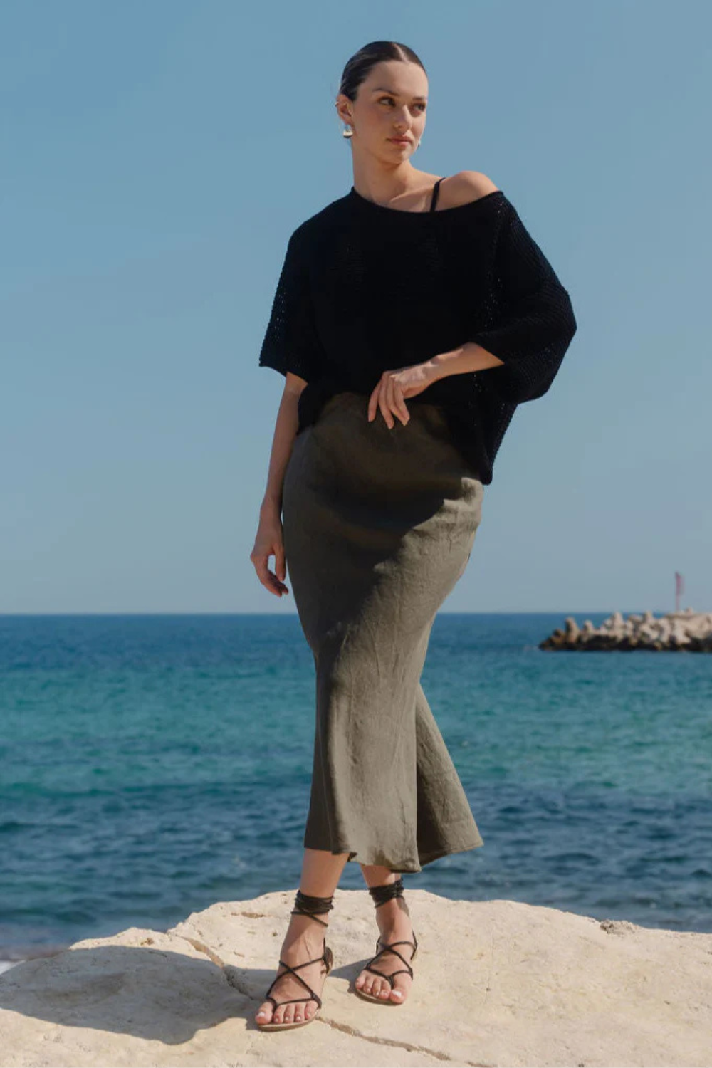 Bliss Khaki Linen Bias Midi Skirt