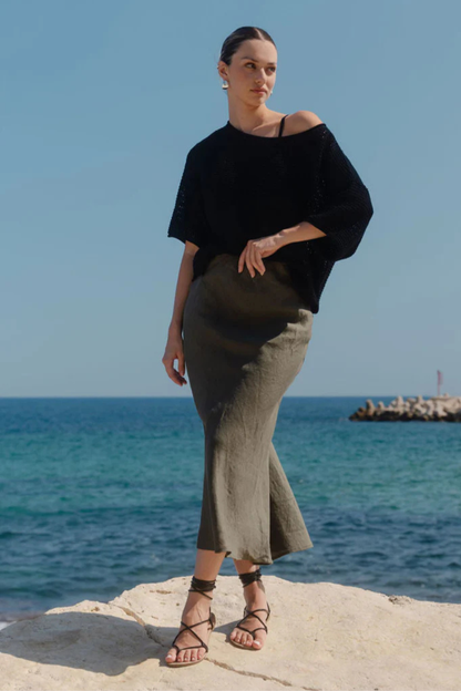Bliss Khaki Linen Bias Midi Skirt