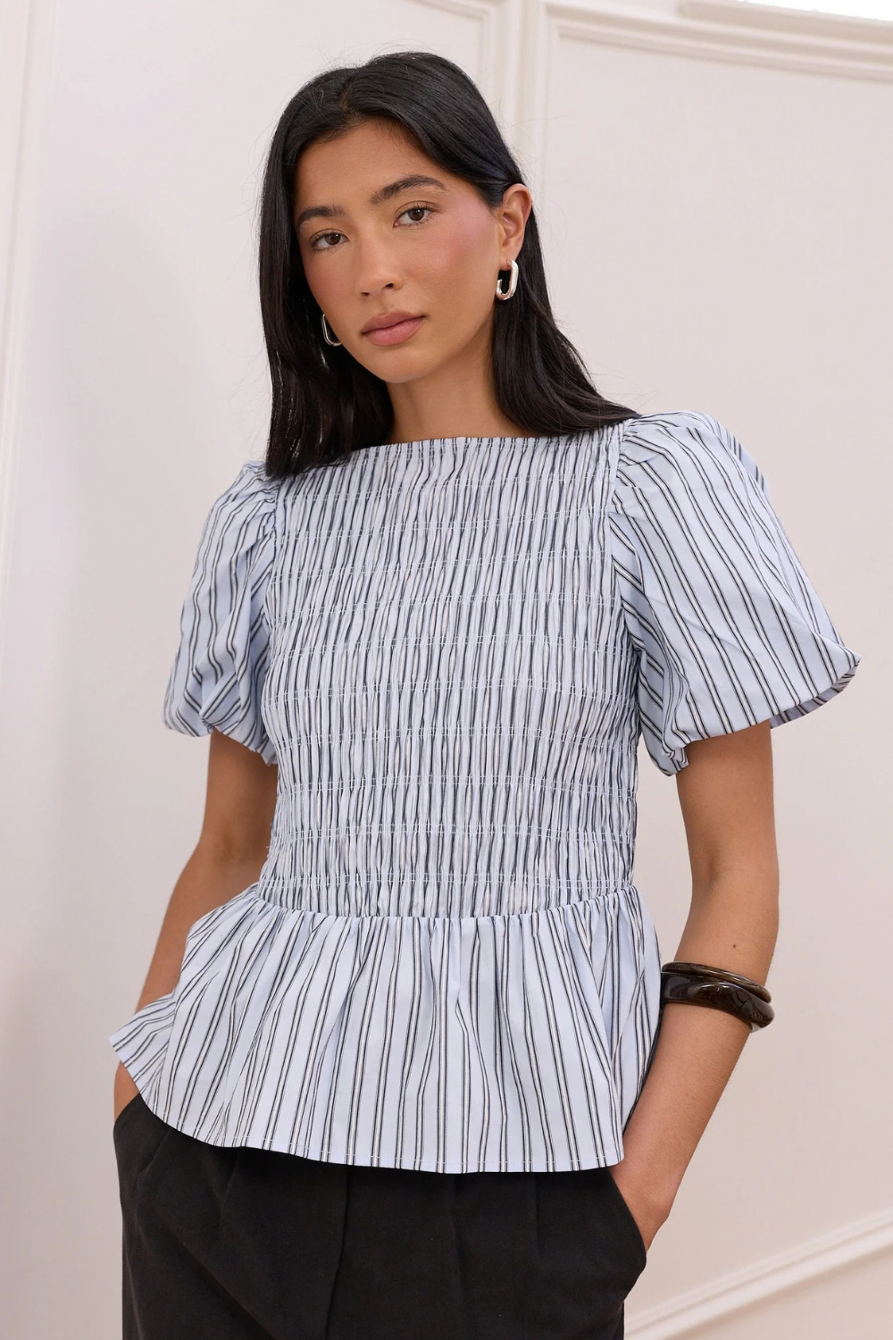 Artifact Pale Blue Stripe Shirred Bubble Sleeve Top
