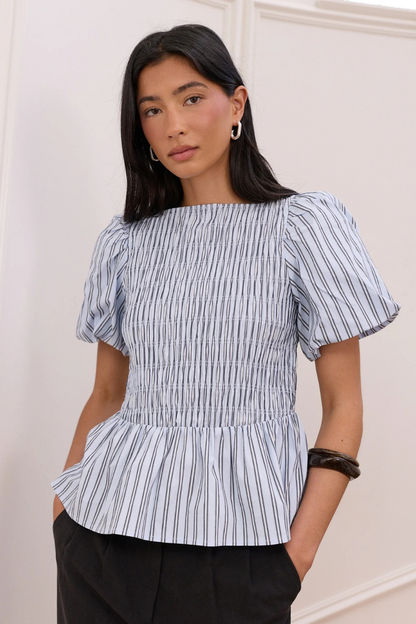 Artifact Pale Blue Stripe Shirred Bubble Sleeve Top