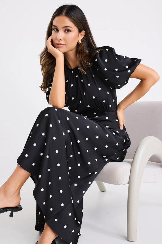 Stage Black Polka Dot Puff Sleeve Floaty Maxi Dress