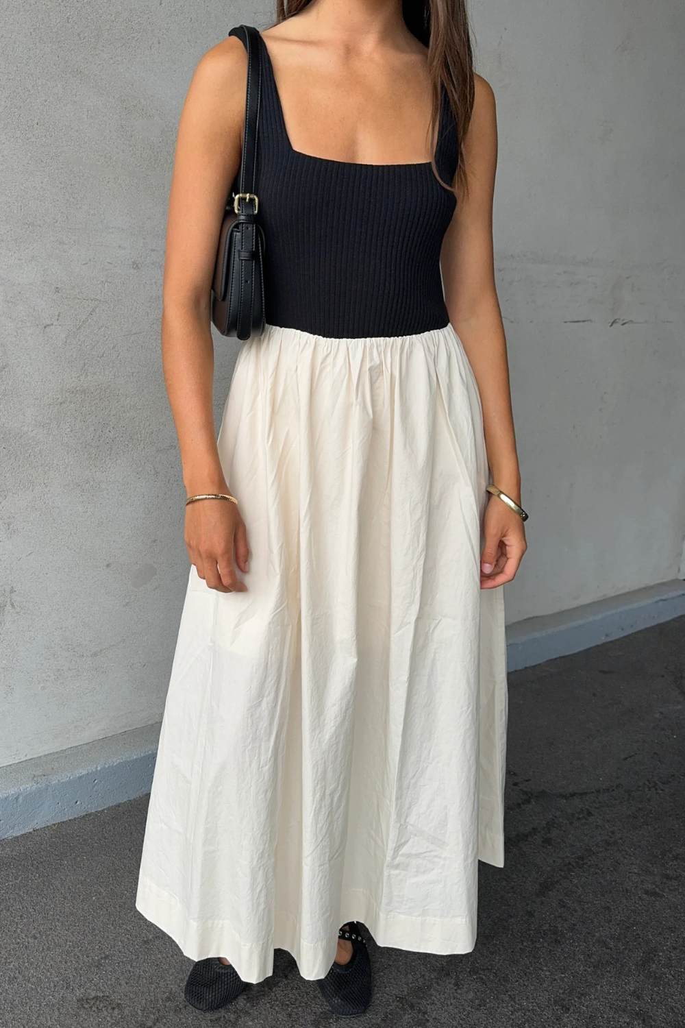 Obsidian Black and Ecru Square Neck Contrast Midi Dress