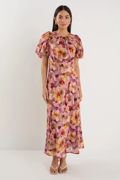 Exquisite Pink Multi Floral Puff Sleeve Midi Dress