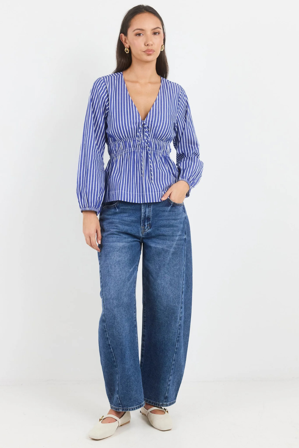 Belief Blue Stripe V Neck Fit and Flare Long Sleeve Top