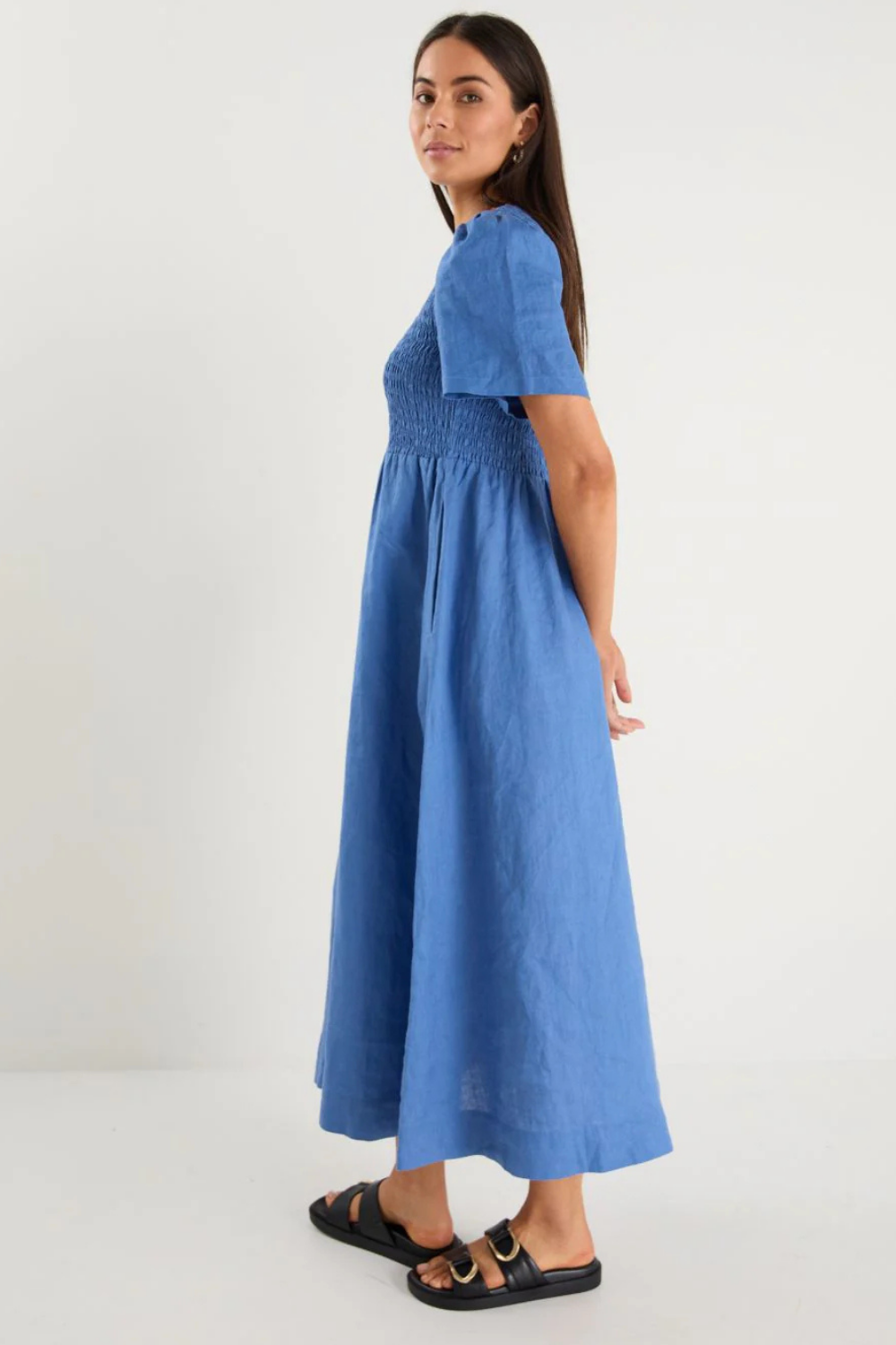 Wren Cornflower Blue Linen SS Shirred Bodice Midi Dress