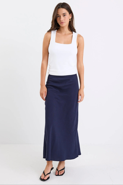 Bliss Navy Linen Bias Midi Skirt