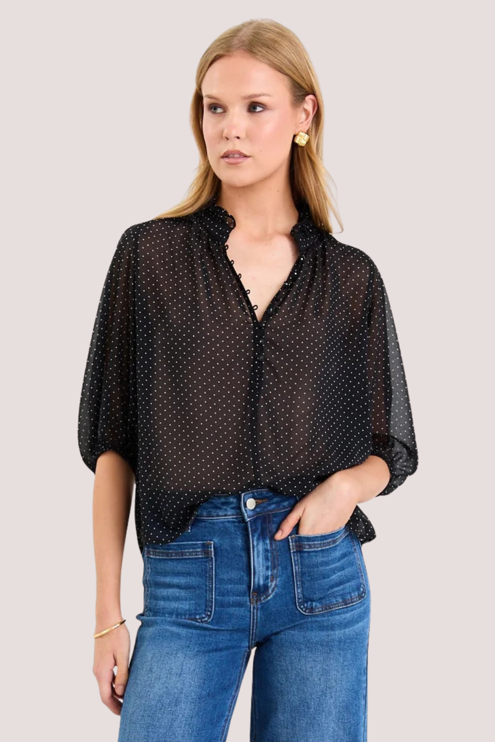 Closure Black Mini Polka Dot High Neck Buttoned SS Top