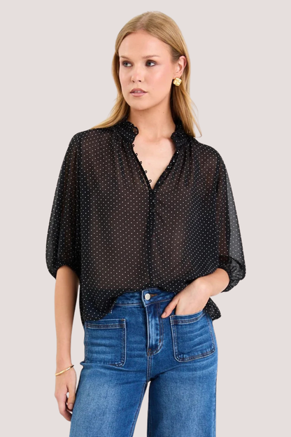 Closure Black Mini Polka Dot High Neck Buttoned SS Top