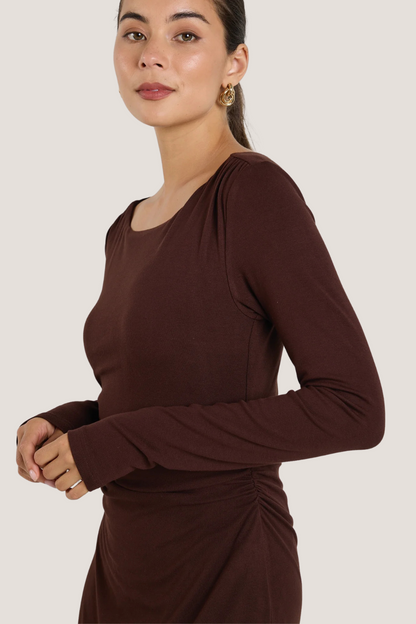 Vertigo Dark Chocolate Jersey LS Midi Dress