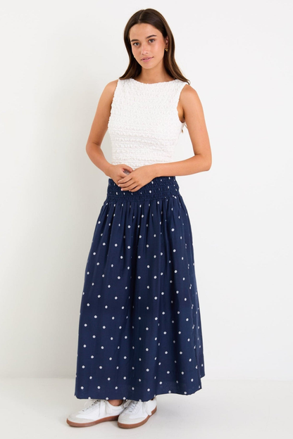 Wanderlust Navy Polka Dot Shirred Waist Maxi Skirt