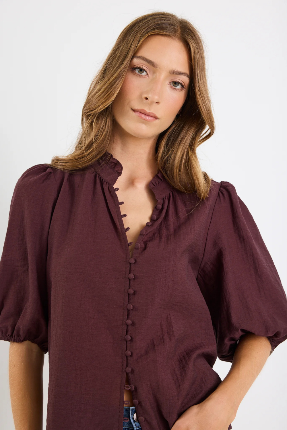Continuance Chocolate Semi Sheer High Neck Buttoned Short Sleeve Top