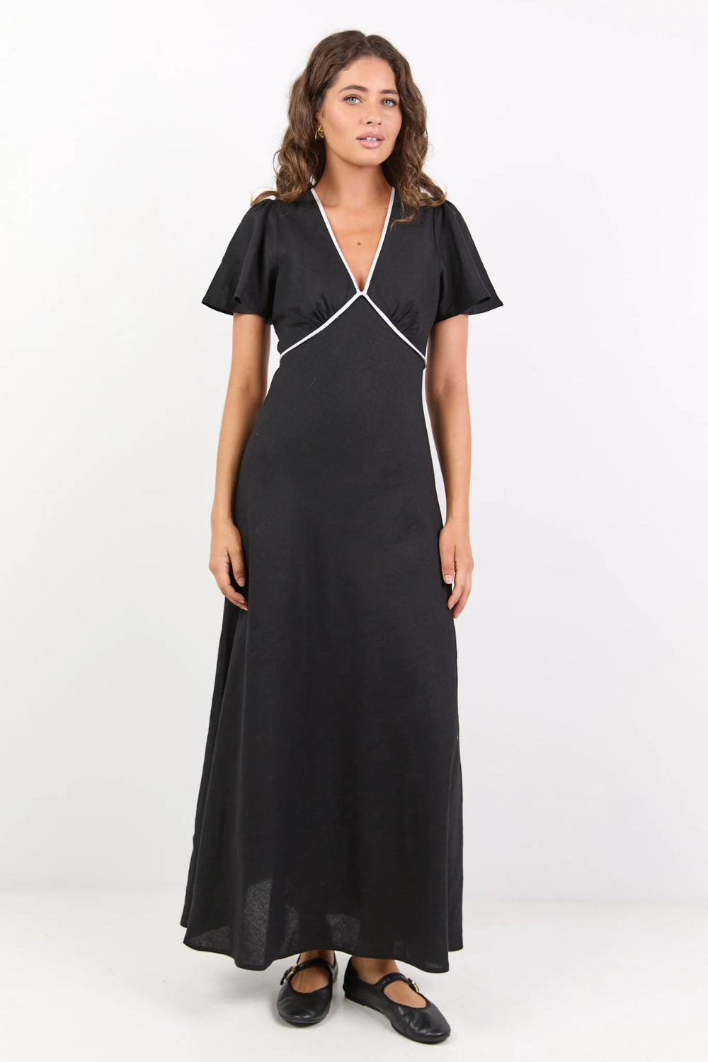 Profile Black Linen Blend Contrast Bias Flutter Sleeve Maxi Dress