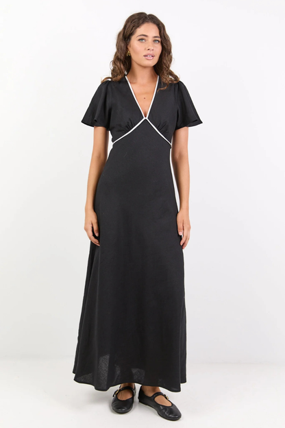 Profile Black Linen Blend Contrast Bias Flutter Sleeve Maxi Dress