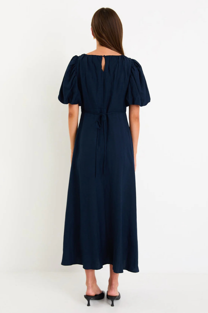 Chorus Navy Puff Sleeve Scoop Neck Floaty Maxi Dress
