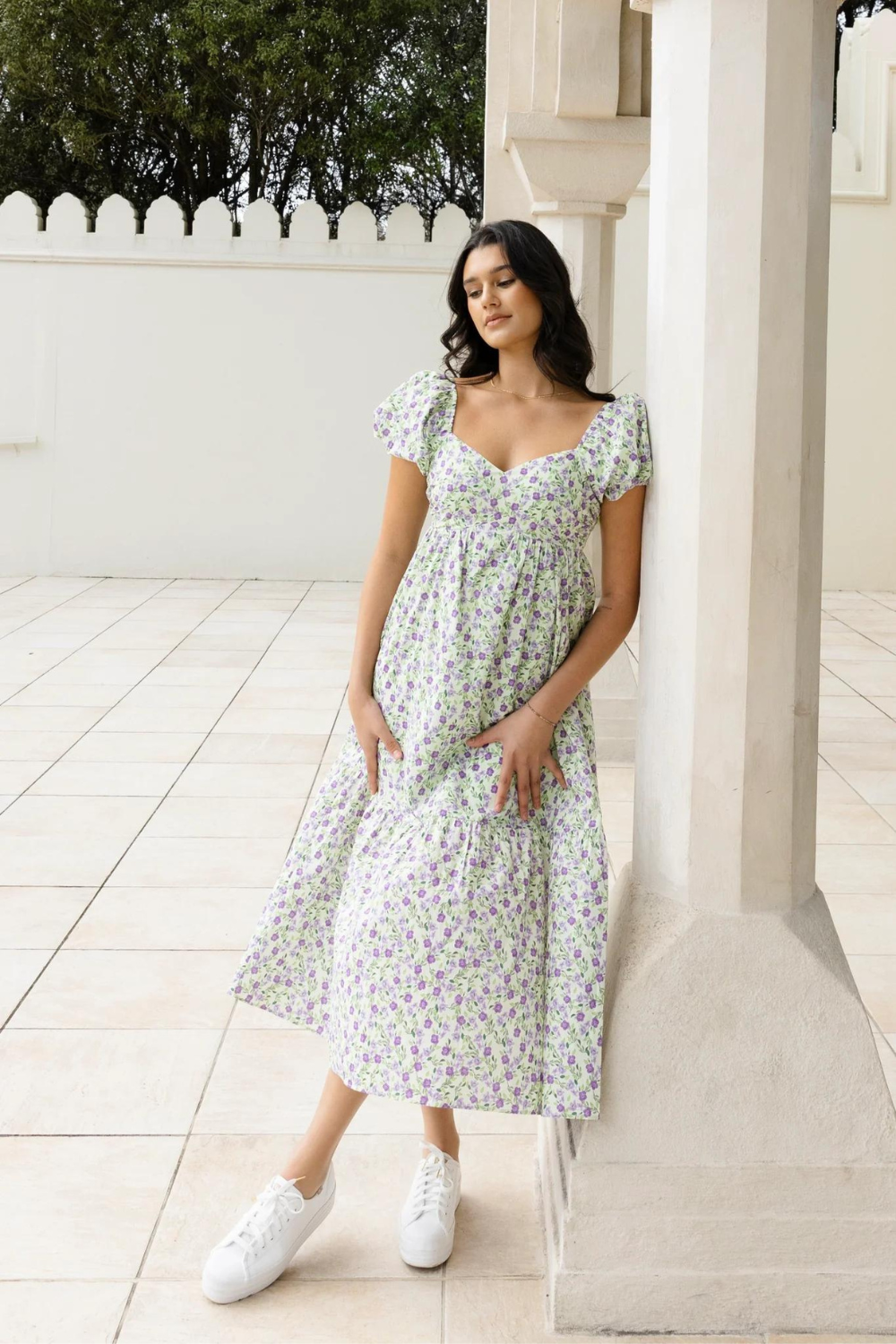 Babydoll Lilac Floral Puff Sleeve Midi Dress | Green