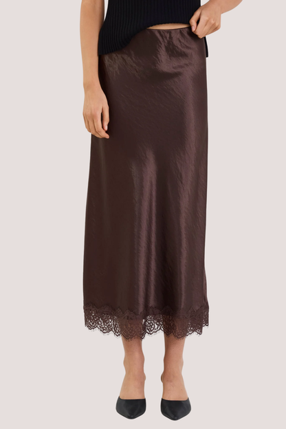 Margarita Chocolate Satin Lace Trim Bias Maxi Skirt