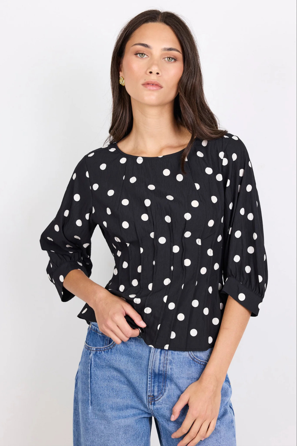 Theatrical Black Polka Dot Pintuck Shaped SS Top